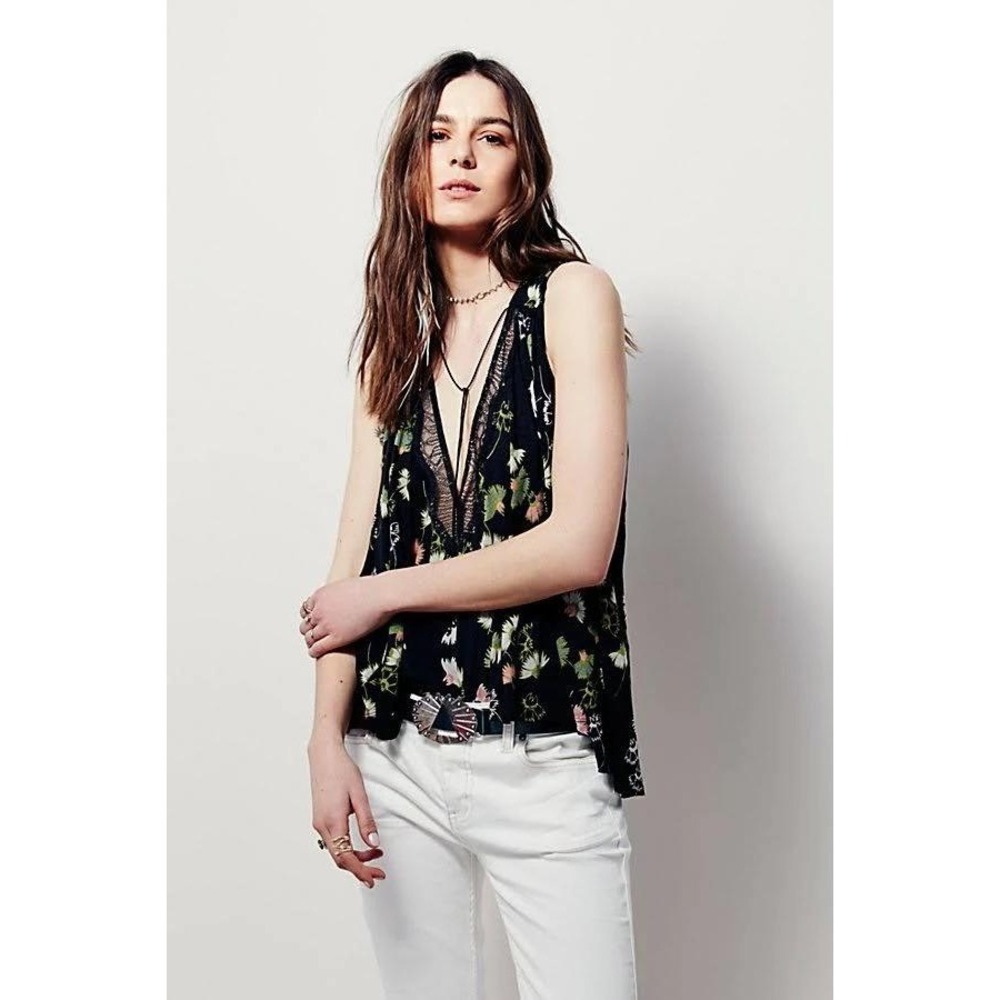 Free People Tank Top Womens Small Black Floral Lace Trim Boho Sleeveless